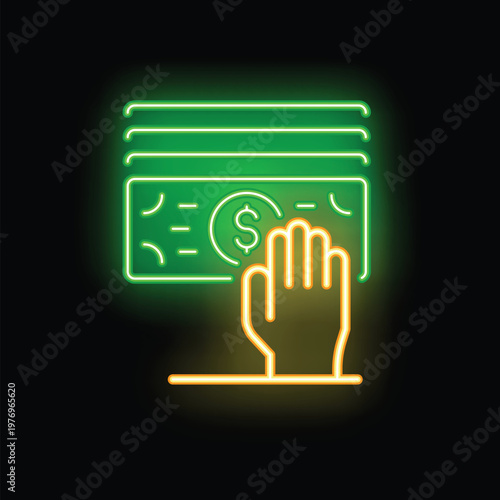 Neon sign of a hand grabbing a stack of dollar bills, symbolizing wealth, payment, or financial success