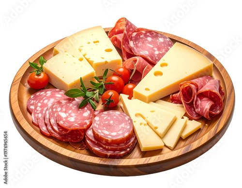 Assortment of sliced meats and cheeses with fresh tomatoes and herbs