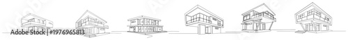 Set of modern architectural sketches showing cantilevered houses in continuous line art