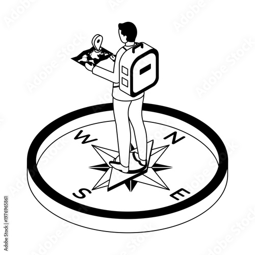 Icon depicting a compass navigation in isometric style
