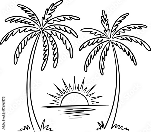 Palm Trees Silhouetted Against a Rising Sun Over Water Line sunrise