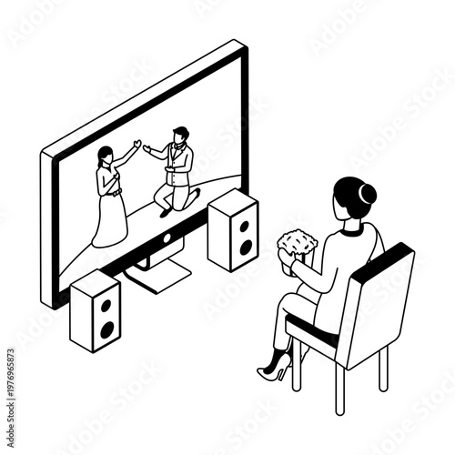 Icon depicting a movie night in isometric style
