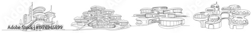 Series of futuristic organic habitat concepts drawn in a minimalist continuous line style