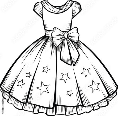 black and white line drawing of a girl's dress with stars and bow