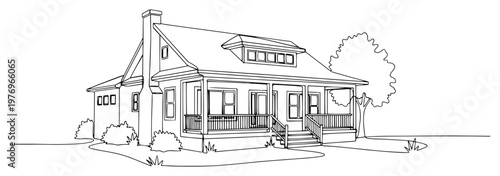 Minimalist continuous line drawing of a traditional suburban family house with a front porch