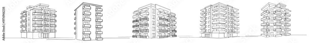 Fototapeta premium Multiple perspective views of a modern multi story apartment building in clean line art style