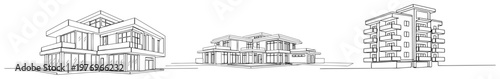 Set of architectural line art sketches showing modern villa and multi story apartment building designs