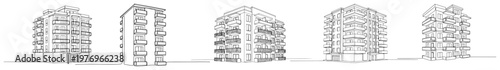 Multiple perspective views of a modern multi story apartment building in clean line art style