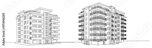 Detailed perspective line art of a contemporary multi story residential apartment complex with balconies