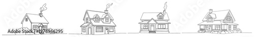 Set of simple line art drawings of traditional suburban houses and cozy cottages with chimneys