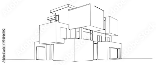 Minimalist architectural sketch of a modern modular building made of stacked cubes