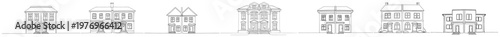Set of small traditional house facade elevation sketches in thin line art style