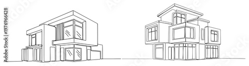 Perspective architectural drawings of modern minimalist villa houses with flat roofs