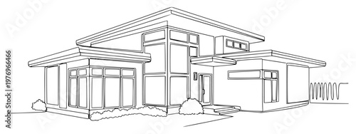 Continuous line drawing of a modern luxury residential house with large windows and flat roof