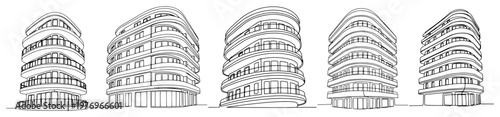 Set of futuristic architectural buildings featuring rounded terraces and minimalist continuous line art