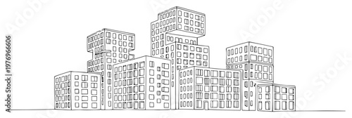 Modular cubist style city skyline with blocky architectural buildings in clean line art