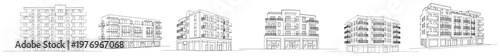 Set of continuous line drawings showing multiple views of a modern urban apartment building