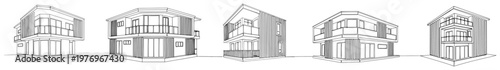 Modern residential house designs with balconies and wood siding textures in architectural line art