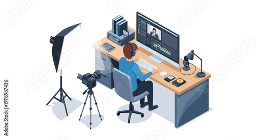Vector illustration of a content creator character editing video on a computer at a desk with a microphone and softbox, conveying a modern business aesthetic, against a clean white