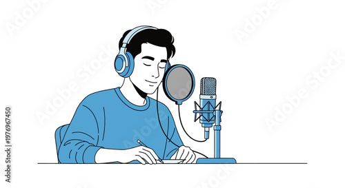 Vector illustration of a content creator recording audio with a microphone in a bright, minimalist studio, wearing headphones and writing notes, conveying a focused and professional mood