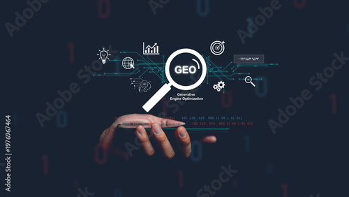 Hand hold smartphone with GEO generative engine optimization interface and magnifying glass icon, AI search optimization, data analysis, digital marketing strategy and advanced technology concepts.