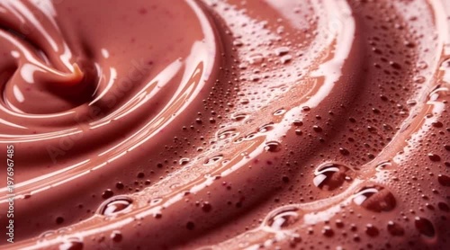 Close-up of smooth, creamy chocolate sauce with bubbles and swirls. Rich brown color with a glossy texture. Ideal for desserts and culinary presentations.