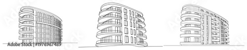 Contemporary multi story apartment building with curved facade and balconies in clean line art