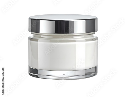 Clear jar with silver lid, filled with white cream