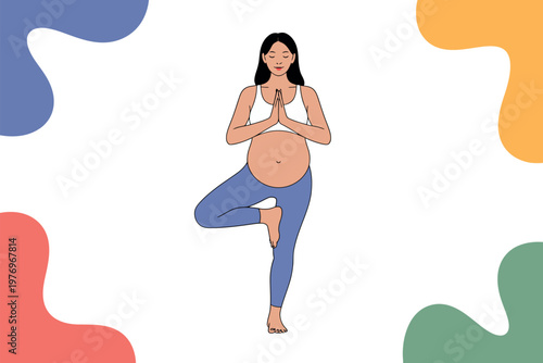A pregnant woman practices yoga in a colorful peaceful environment