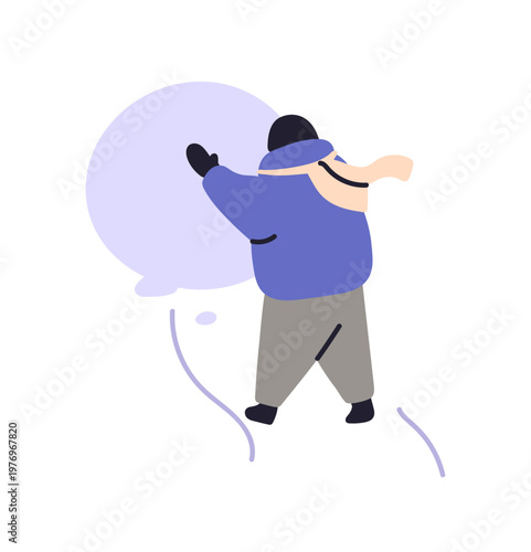 Happy kid in outerwear rolls big snow ball. Child makes snowball for snowman. Character in scarf and hat plays and has fun outdoors in winter. Flat isolated vector illustration on white background