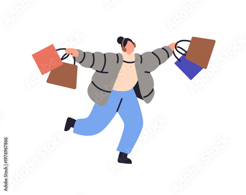 Happy woman in winter clothes holds many packs of purchases. Girl in outerwear carries shopping bags. Buyer hurries up to Christmas sale. Flat isolated vector illustration on white background