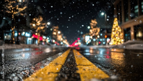 Snowy night street with glowing holiday lights, wet asphalt reflecting colors