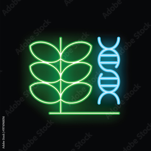 Glowing neon icon representing genetically modified crops with a wheat stalk and a dna strand