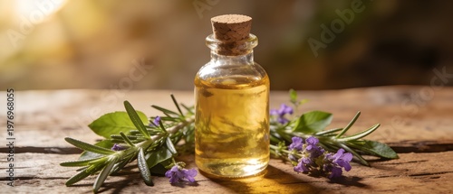 A small glass bottle of essential oil with a sprig of lavender on a wooden surface