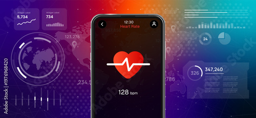 Smartphone displaying heart rate monitoring application with pulse line futuristic digital data background mobile health app