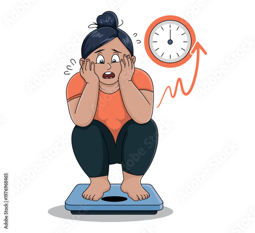 A worried woman stands on a scale with a shocked expression