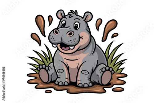 A cartoon hippopotamus playing in muddy puddles with grass
