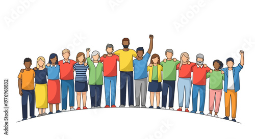 Obraz na plátne Digital illustration of diverse people in a show of unity, their arms around eac