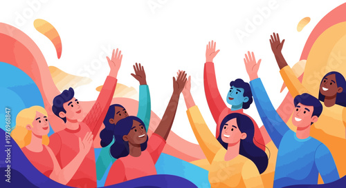 Diverse characters in a vector illustration, celebrating freedom day with raised hands and a hopeful spirit, set against a vibrant background with rainbow accents, conveying unity