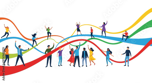 Animated vector art showing diverse characters on rising, colorful waves conveys a message of unity and progress, symbolizing hope for humanity in a bright and cheerful illustration