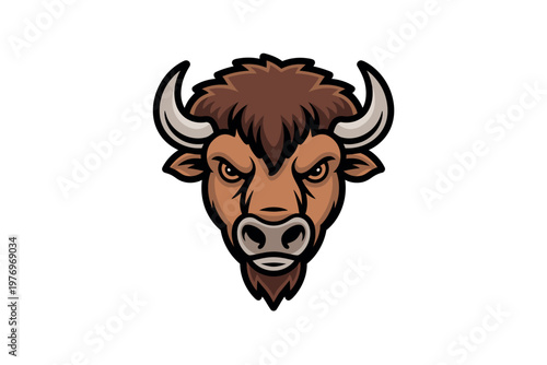 A cartoon illustration of a bison's head with horns and beard