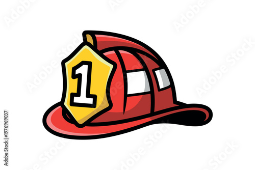 A cartoon firefighter helmet with a yellow shield and number one