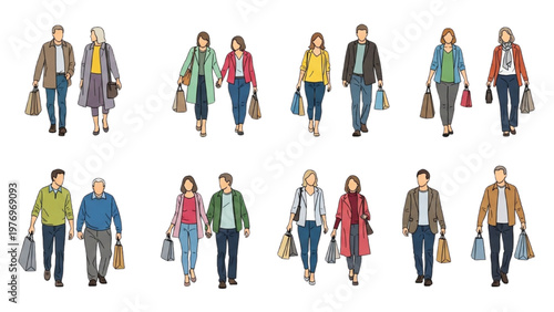 People walking with bags in a shopping vector CAD illustration