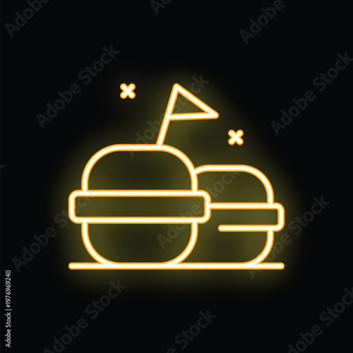 Glowing neon icon of two macarons with a flag, symbolizing the exquisite world of french patisserie