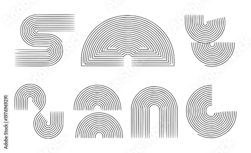 Black and white abstract concentric arcs and lines pattern collection