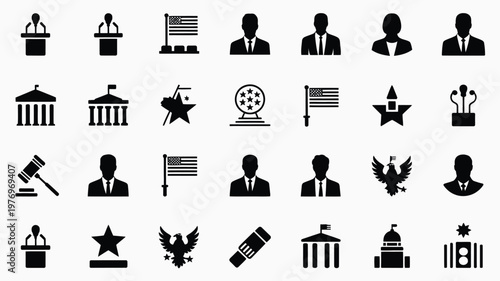 Set of clean vector icons featuring symbols of government leadership and patriotism including flags stars eagles and silhouettes of officials