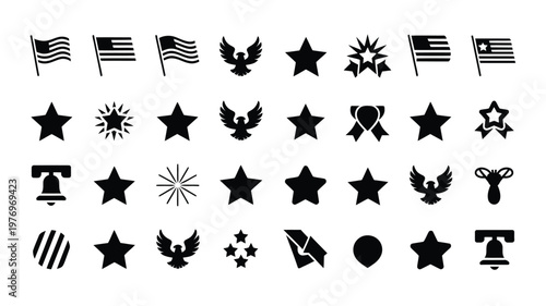 Black and white vector illustration featuring a collection of patriotic symbols stars flags and emblems in minimalist design