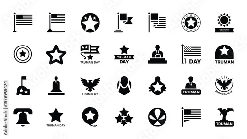 Assorted clean vector icons featuring flags stars symbols and truman day text for patriotic designs