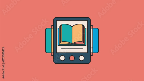 A colorful illustration of a smartphone with an open book on its screen surrounded by stacked books