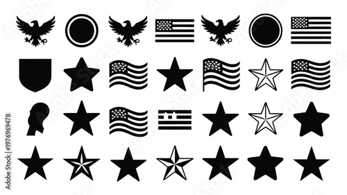 Patriotic vector graphic bundle featuring american flag eagle star and shield symbols in black and white design